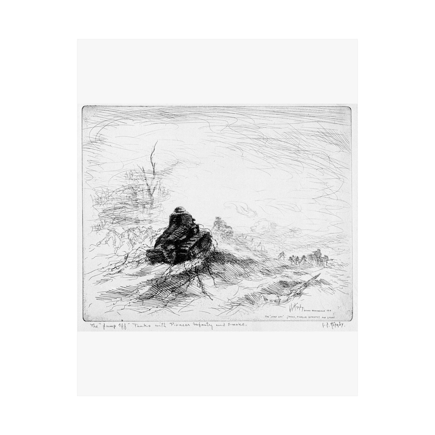Artwork: "The 'Jump off' Tanks with Pioneer Infantry and Smoke". Artist: Lester Hornby, Bantheville, France 1918. Catalog Number: G.7.1.81 High Quality Matte Wall Art Poster for Home, Office, Classroom