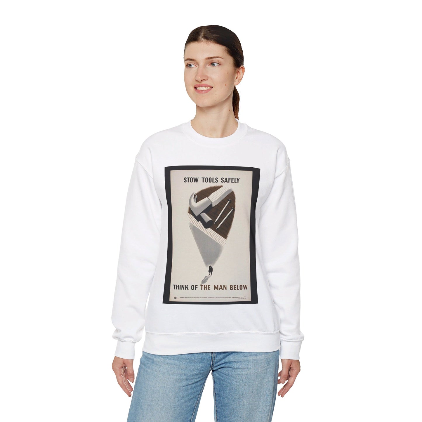 Stow Tools Safely Tom Eckersley White Heavy Blend Adult Crew Neck SweatShirt