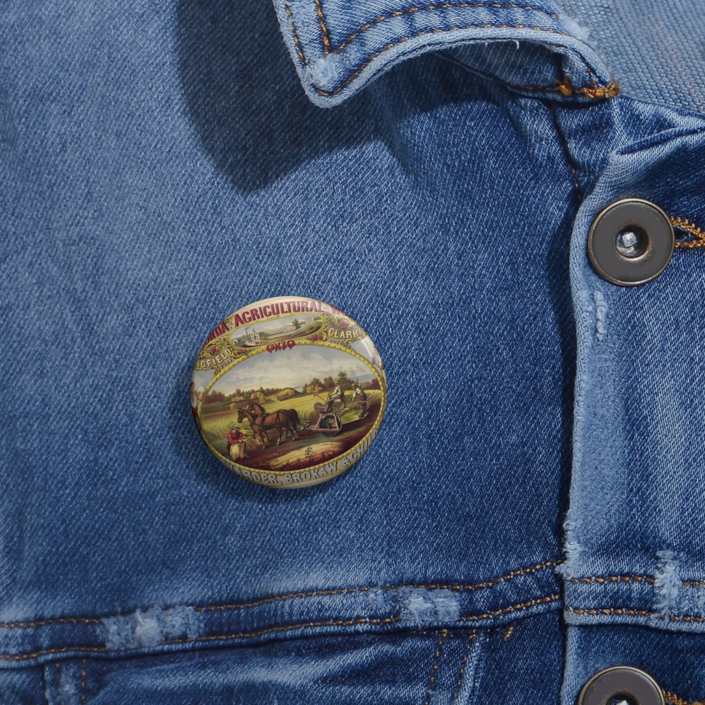 Lagonda Agricultural Works, Springfield, Clark County, Ohio, Warder, Brokaw & Child / E. Forbes, del. ; lith. of G.W. Lewis, N.Y. Pin Buttons with Crisp Design
