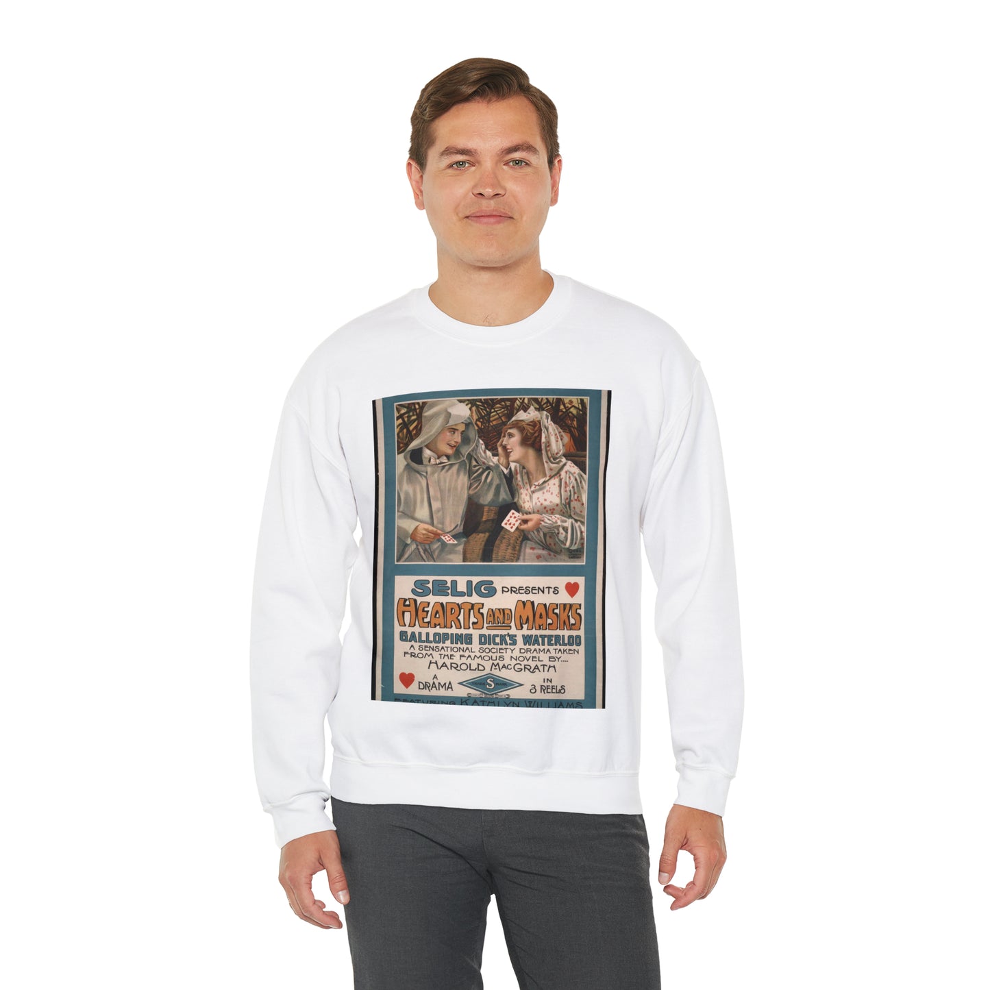 Selig presents hearts and masks Galloping Dick's waterloo, a sensational society drama taken from the famous novel by Harold MacGrath. White Heavy Blend Adult Crew Neck SweatShirt