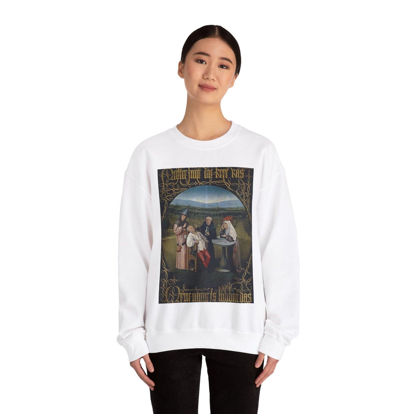 Hieronymus Bosch 053 - A painting of a group of people sitting around a table White Heavy Blend Adult Crew Neck SweatShirt