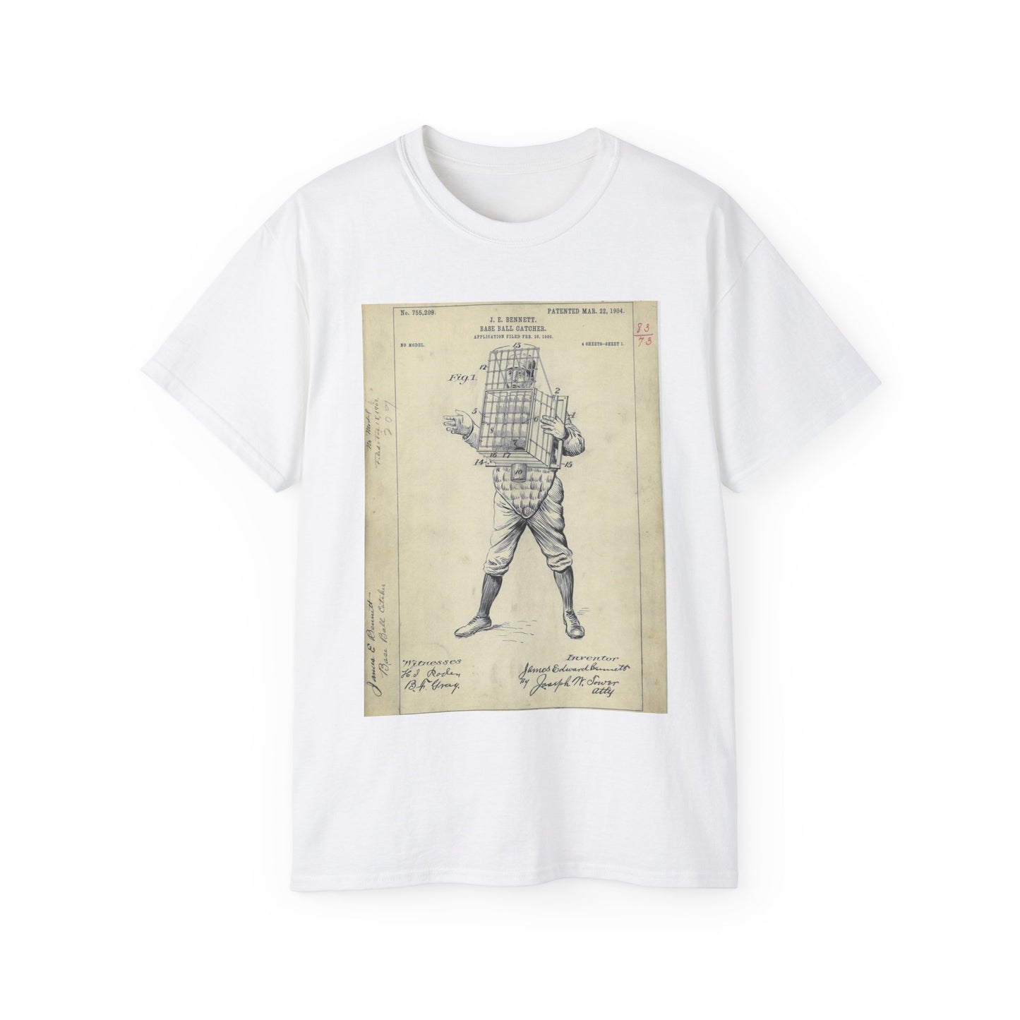 Patent drawing - Drawing of Equipment for a "Base Ball Catcher" Public domain  image White T-Shirt Gildan 2000 Cotton Unisex