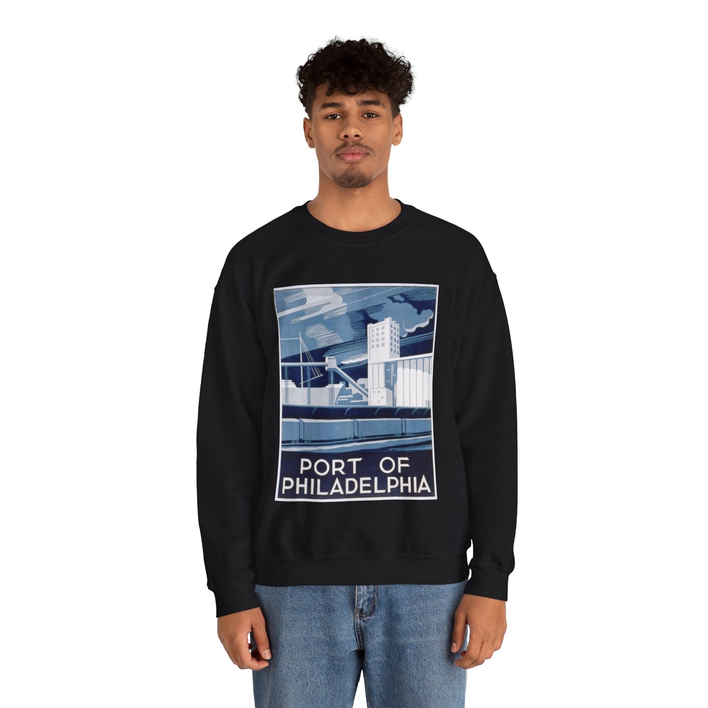 Port of Philadelphia, Art Deco Poster Black Heavy Blend Adult Crew Neck SweatShirt