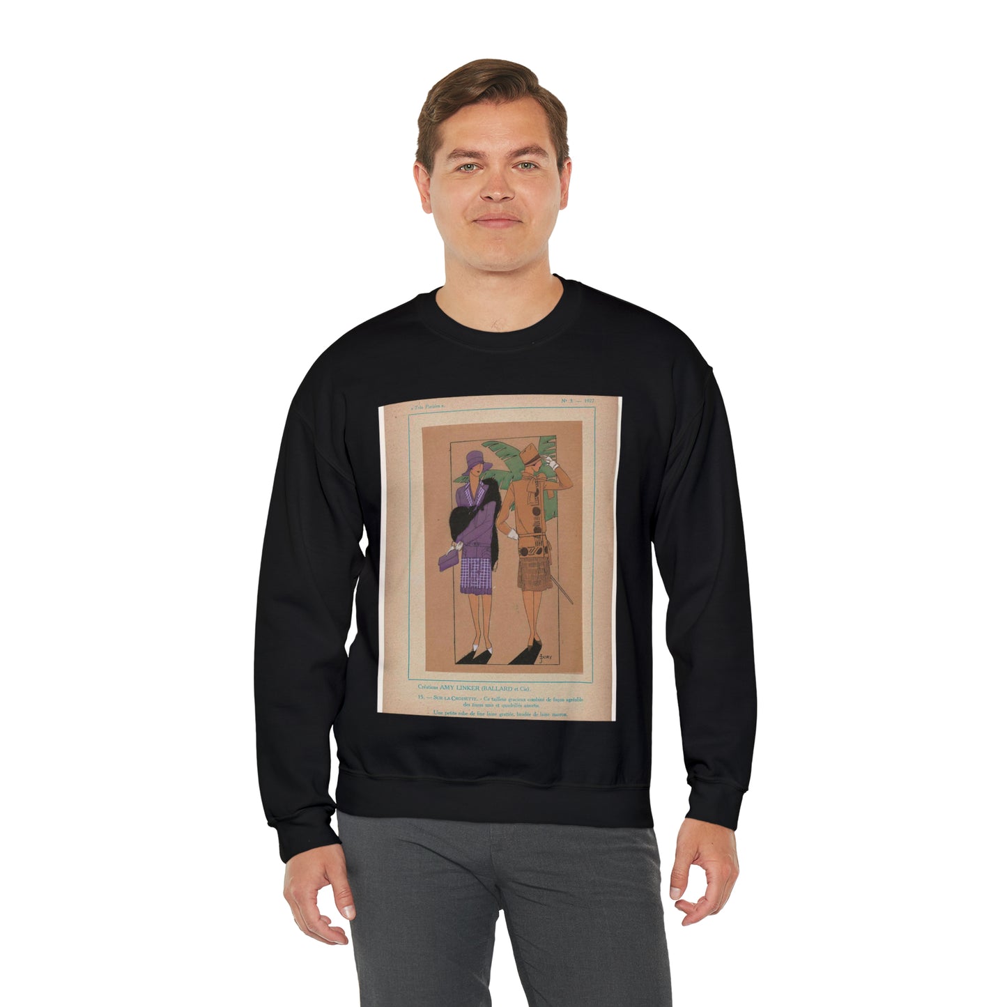 Très Parisien, 1927, No. 3, Pl. 15: Créations AMY LINKER (BALLARD et Cie) - SUR LA CROISETTE Black Heavy Blend Adult Crew Neck SweatShirt