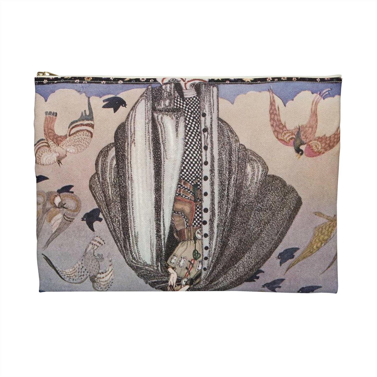 ‘No sooner had he whistled than he heard a whizzing and a whirring from all quarters, and such a large flock of birds swept down that they blackened all the field in which they settled’ (6278219321) Large Organizer Pouch with Black Zipper