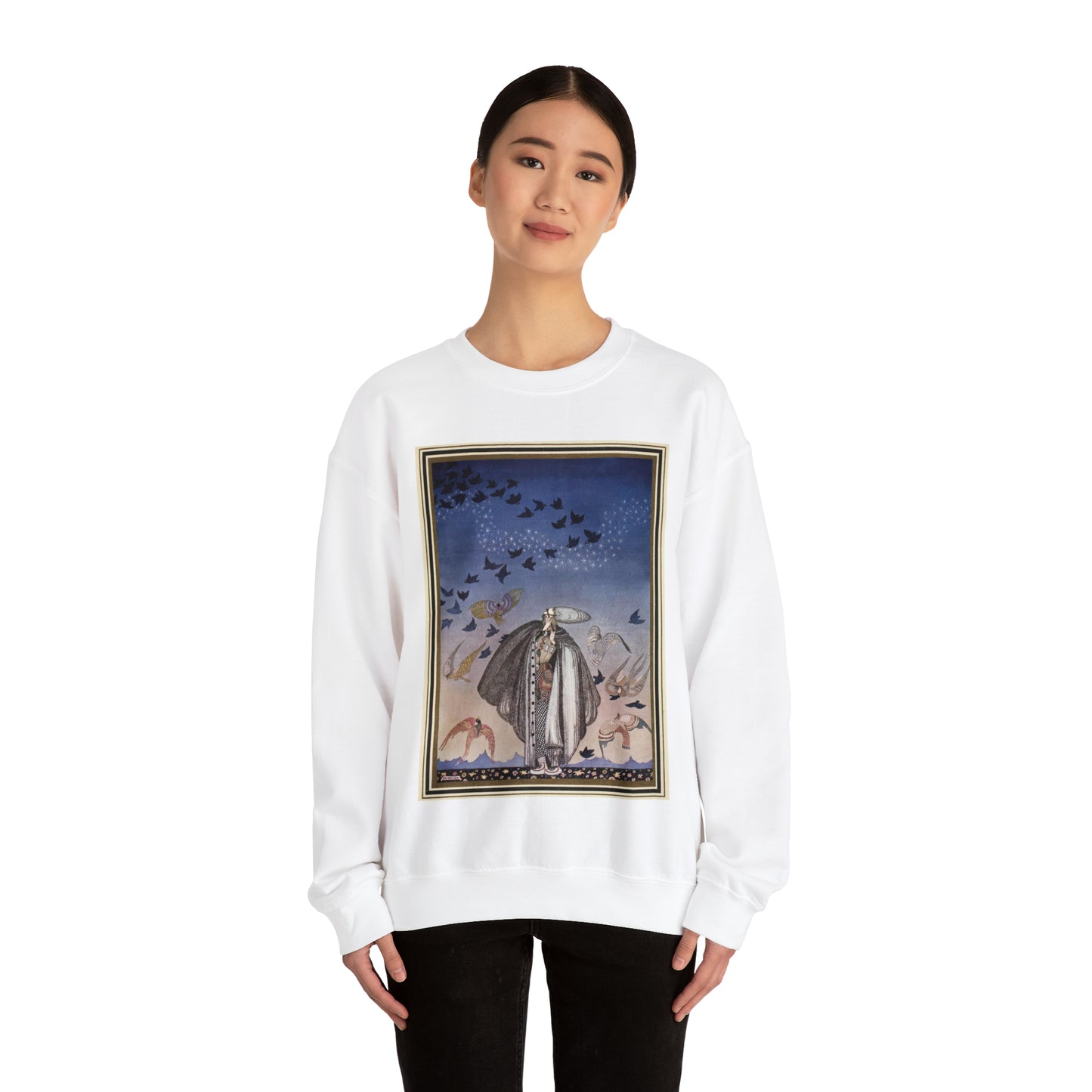 ‘No sooner had he whistled than he heard a whizzing and a whirring from all quarters, and such a large flock of birds swept down that they blackened all the field in which they settled’ (6278219321) White Heavy Blend Adult Crew Neck SweatShirt