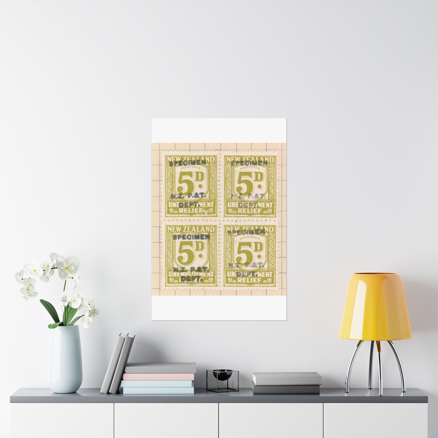 Block of five penny Unemployment Relief stamps overprinted 'Specimen' High Quality Matte Wall Art Poster for Home, Office, Classroom