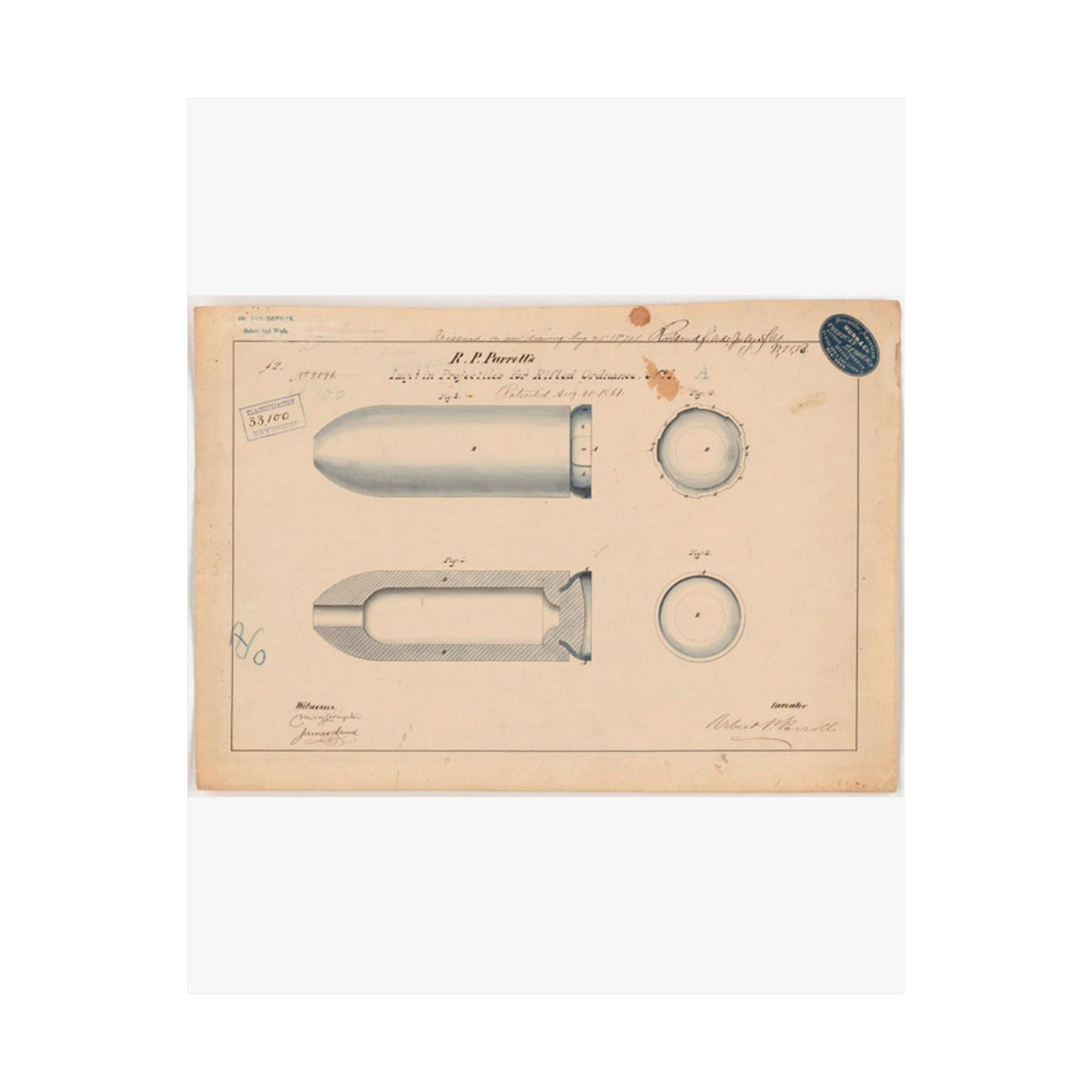 Patent drawing - Drawing of Improvement in Projectiles for Rifled Ordnance Public domain  image High Quality Matte Wall Art Poster for Home, Office, Classroom