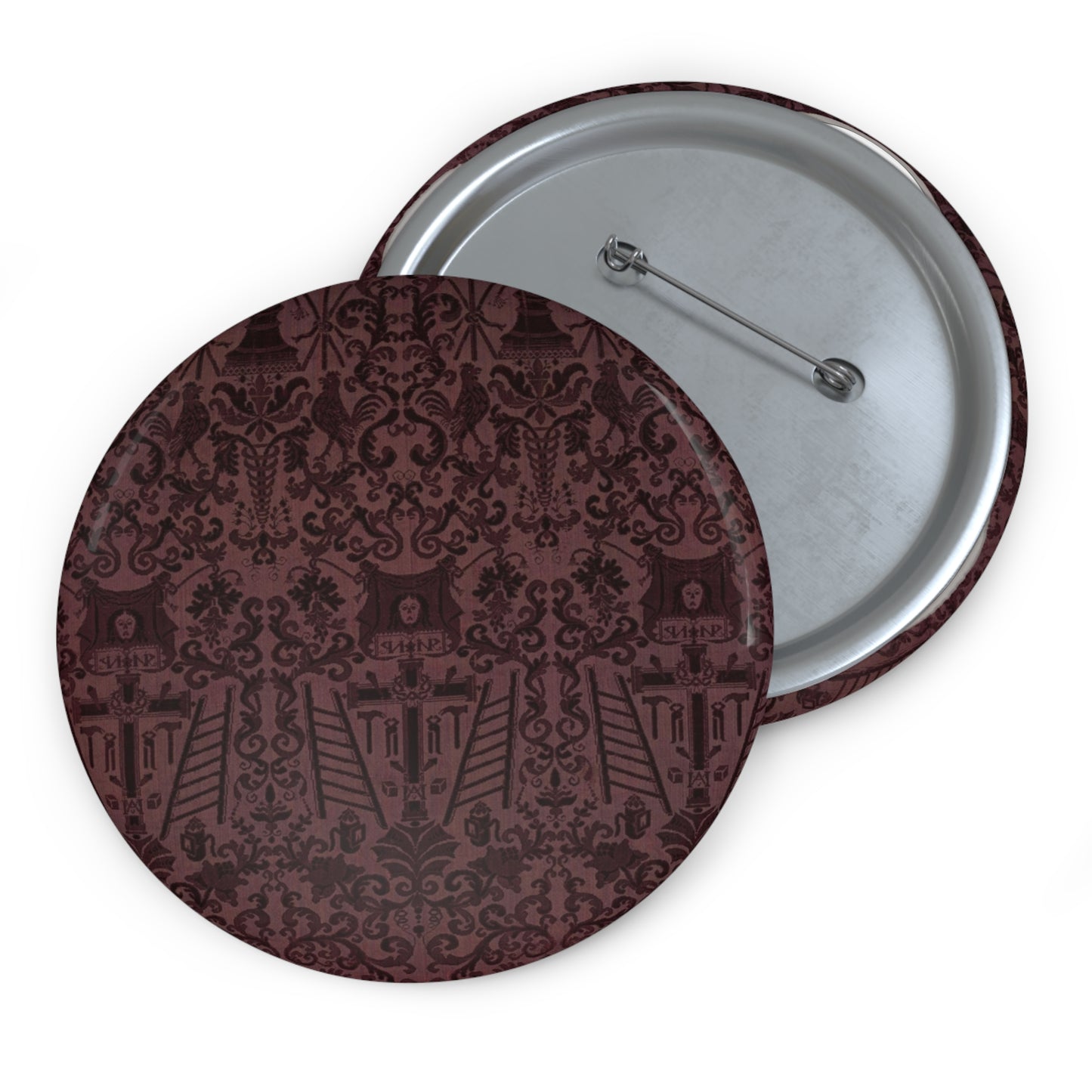 Length of velvet with Instruments of the Passion Pin Buttons with Crisp Design