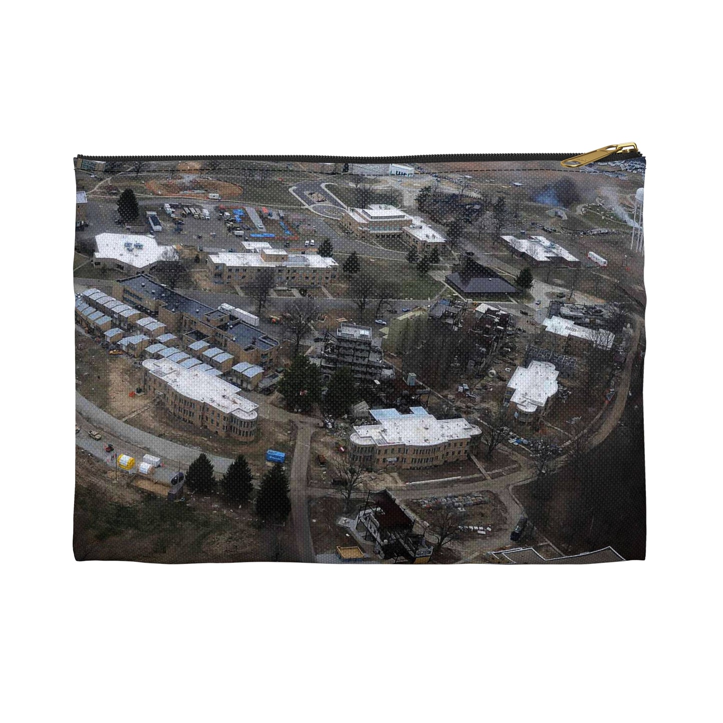 An aerial view of the Muscatatuck Urban Training Center Large Organizer Pouch with Black Zipper