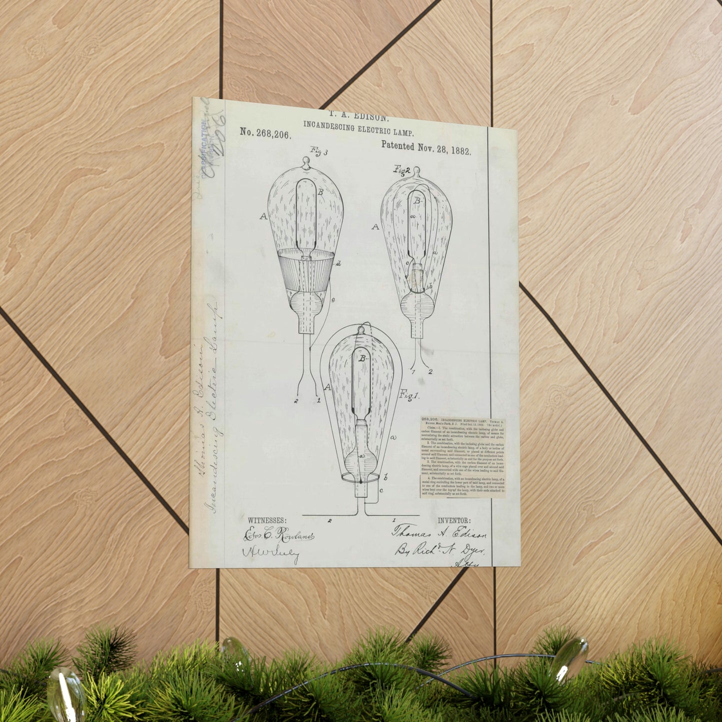 Patent drawing - for T. A. Edison's Incandescing Electric Lamp Public domain  image High Quality Matte Wall Art Poster for Home, Office, Classroom
