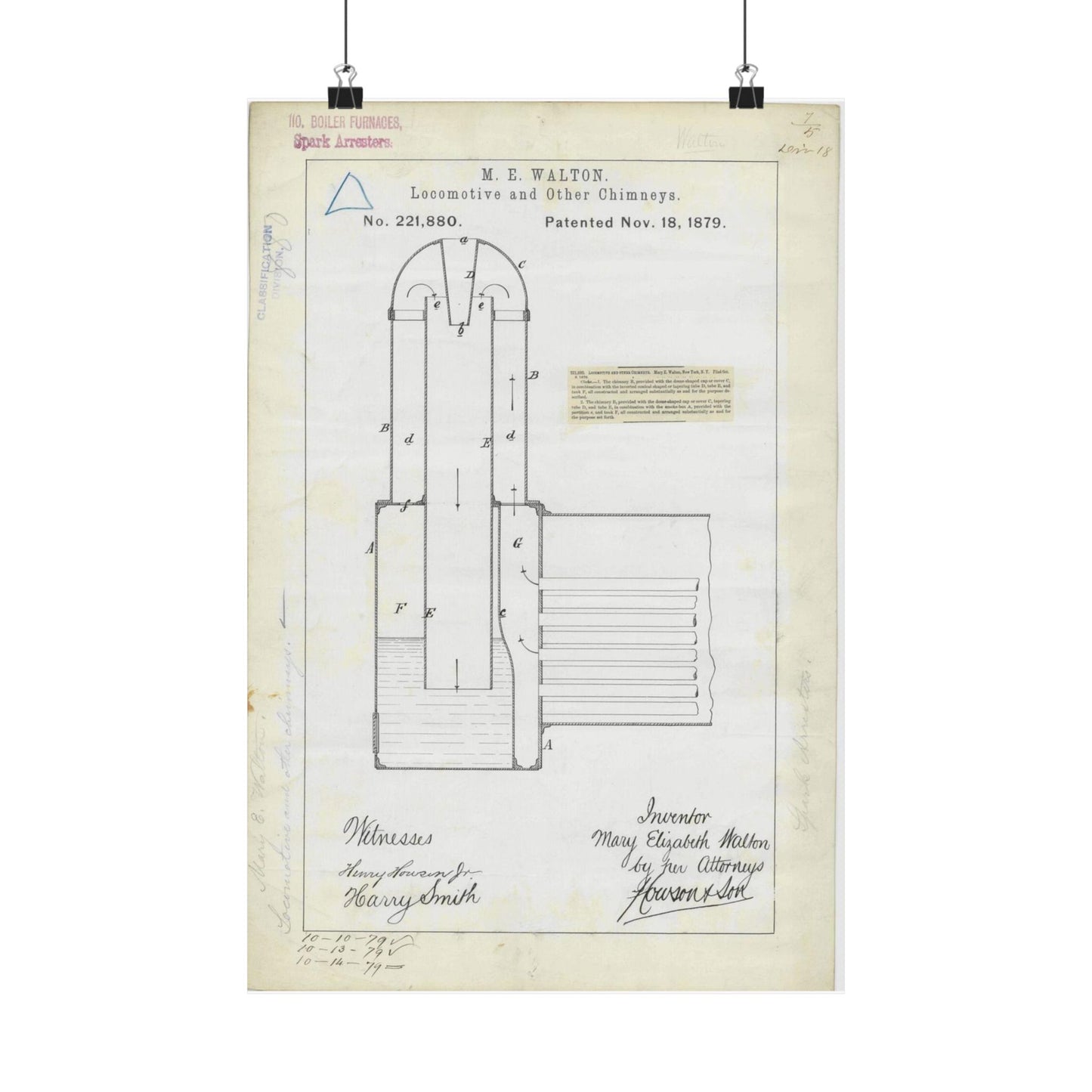 Patent Drawing of Engine - for M. E. Walton's Locomotive and Other Chimneys Public domain  image High Quality Matte Wall Art Poster for Home, Office, Classroom