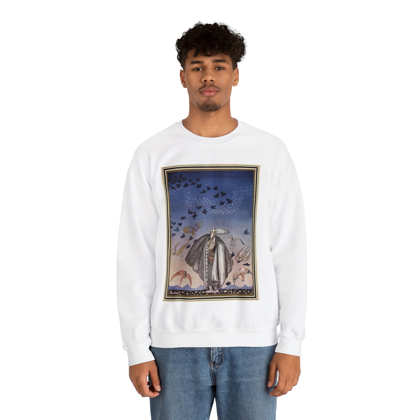 ‘No sooner had he whistled than he heard a whizzing and a whirring from all quarters, and such a large flock of birds swept down that they blackened all the field in which they settled’ (6278219321) White Heavy Blend Adult Crew Neck SweatShirt