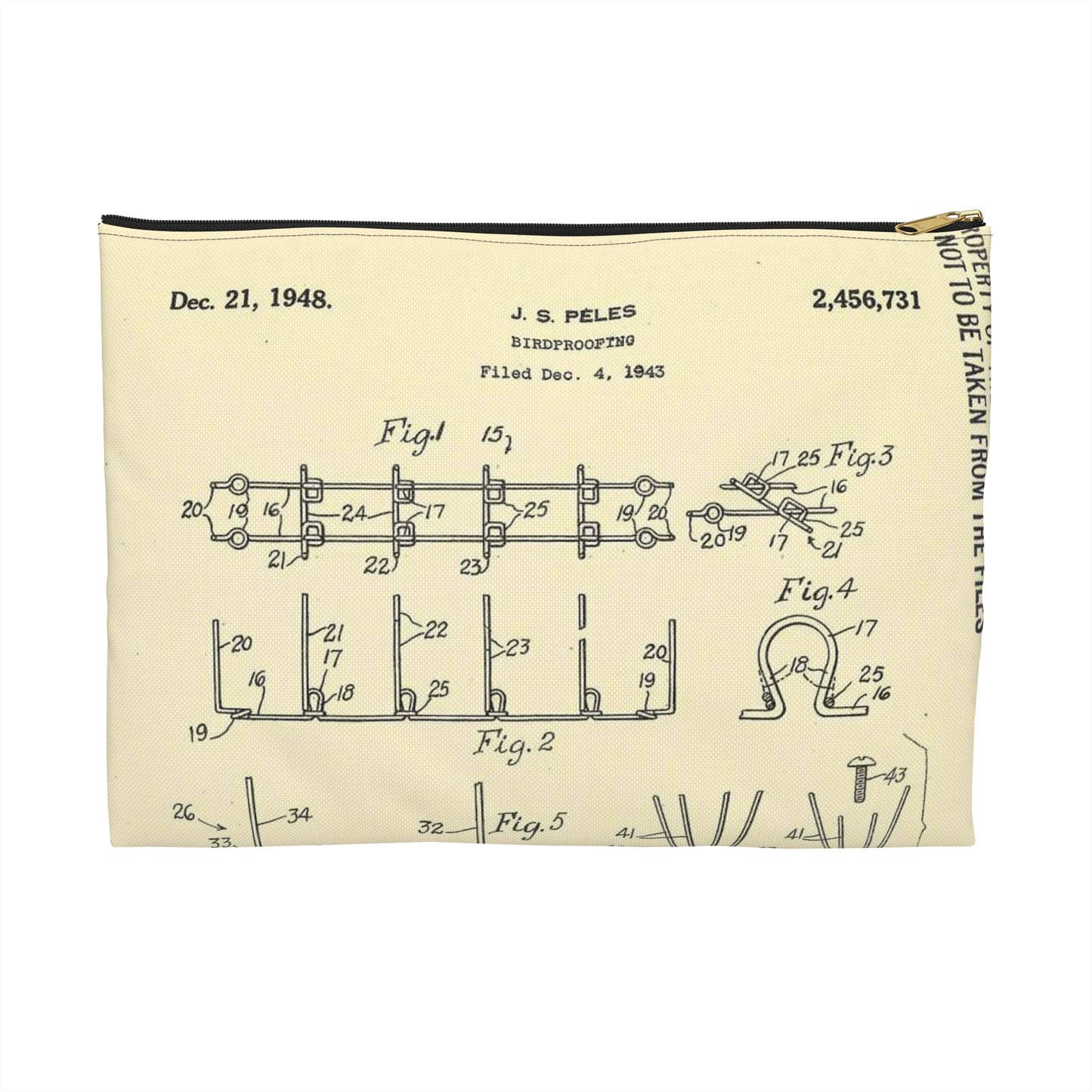 Patent Case File No. 2,456,731, Birdproofing, Inventor- Julius Stanley Peles. - DPLA - d82fb76b4d7e620c5afb38c092d878d5 (page 5) Large Organizer Pouch with Black Zipper