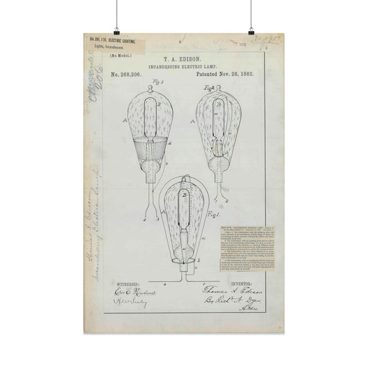 Patent drawing - for T. A. Edison's Incandescing Electric Lamp Public domain  image High Quality Matte Wall Art Poster for Home, Office, Classroom