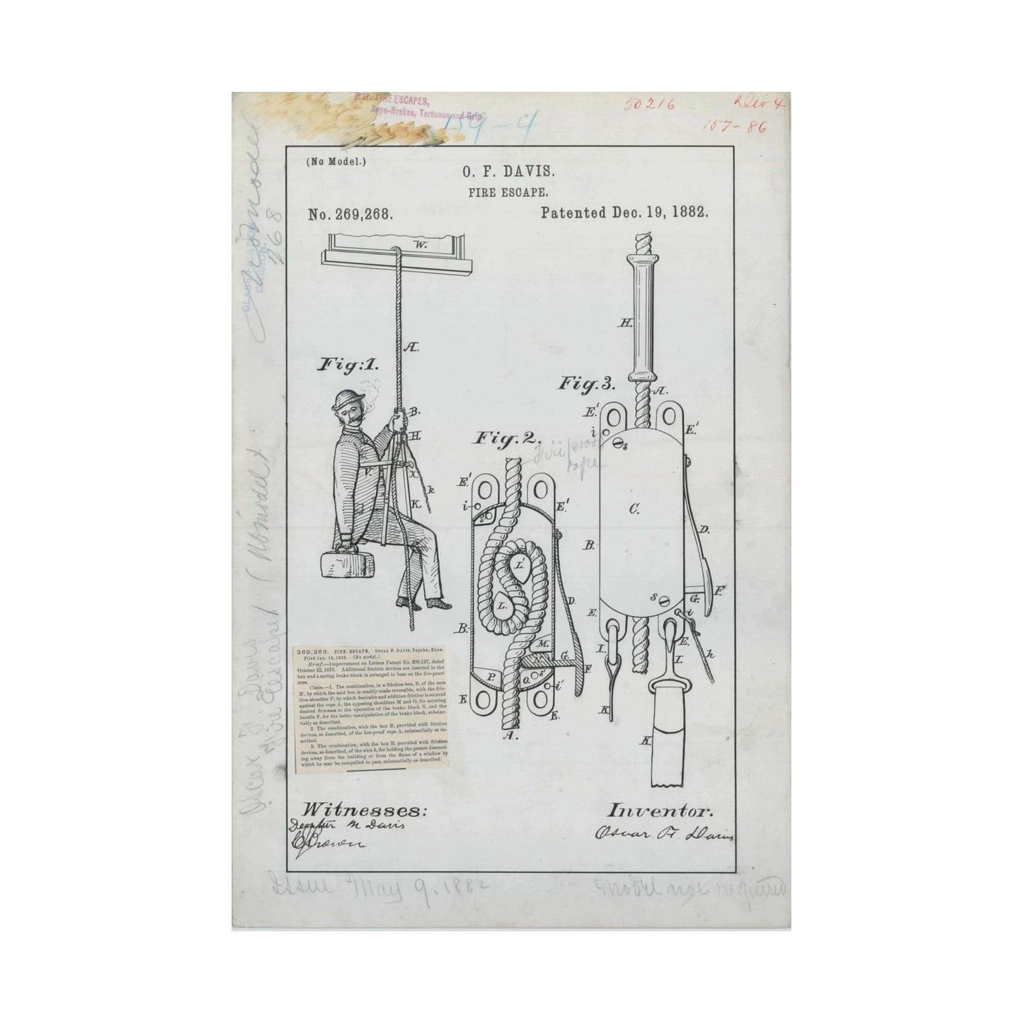 Patent Drawing of Engine - for O. F. Davis' Fire Escape Public domain  image High Quality Matte Wall Art Poster for Home, Office, Classroom