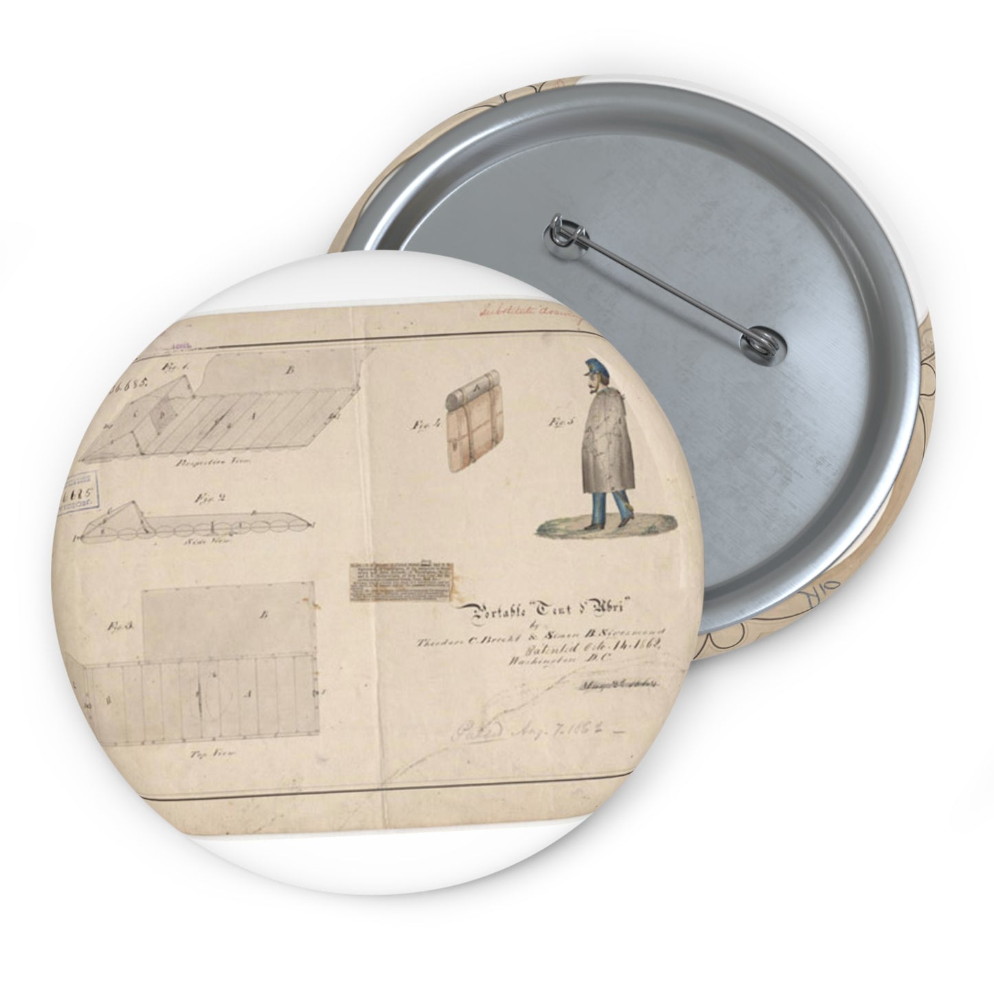 Patent drawing - Drawing of Portable Tent and Abri Public domain  image Pin Buttons with Crisp Design