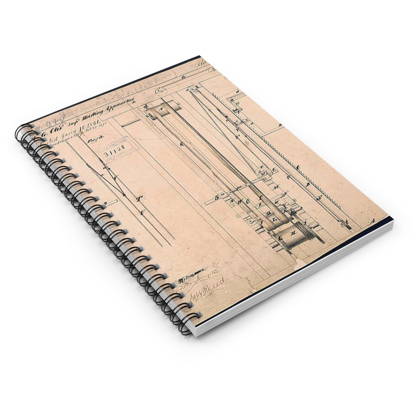 Patent drawing - Elisha Otis's Elevator Public domain  image Spiral Bound Ruled Notebook with Printed Cover