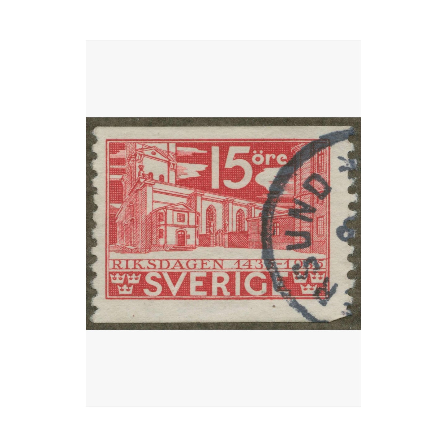 Frimärke ur Gösta Bodmans filatelistiska motivsamling, påbörjad 1950.Frimärke från Sverige. Motiv av Storkyrkan i Stockholm. "Den svenska riksdagen 500 år 1435-1935". High Quality Matte Wall Art Poster for Home, Office, Classroom