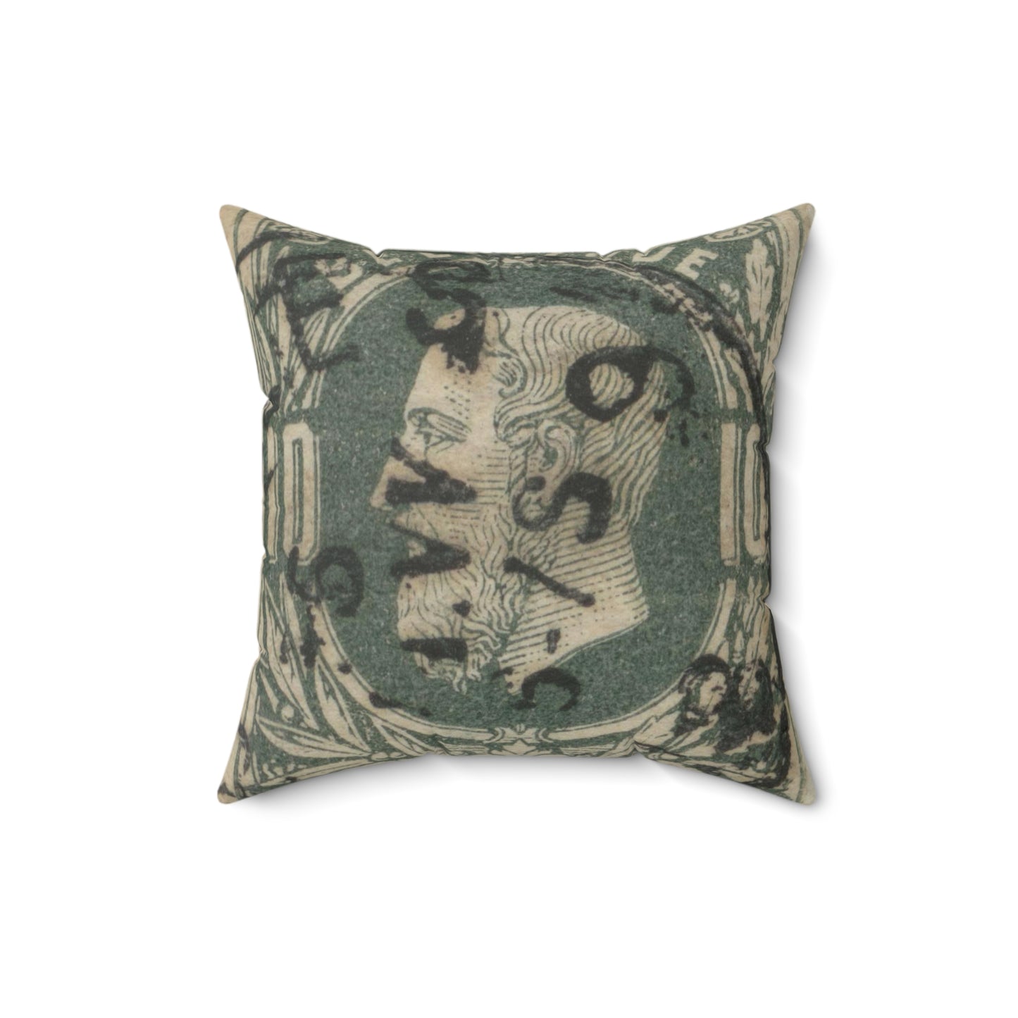 Frimärke ur Gösta Bodmans filatelistiska motivsamling, påbörjad 1950.Frimärke från Belgien, 1869. Motiv av lagerkvistar. "Kung Léopold II". Decorative Accent Square Pillow