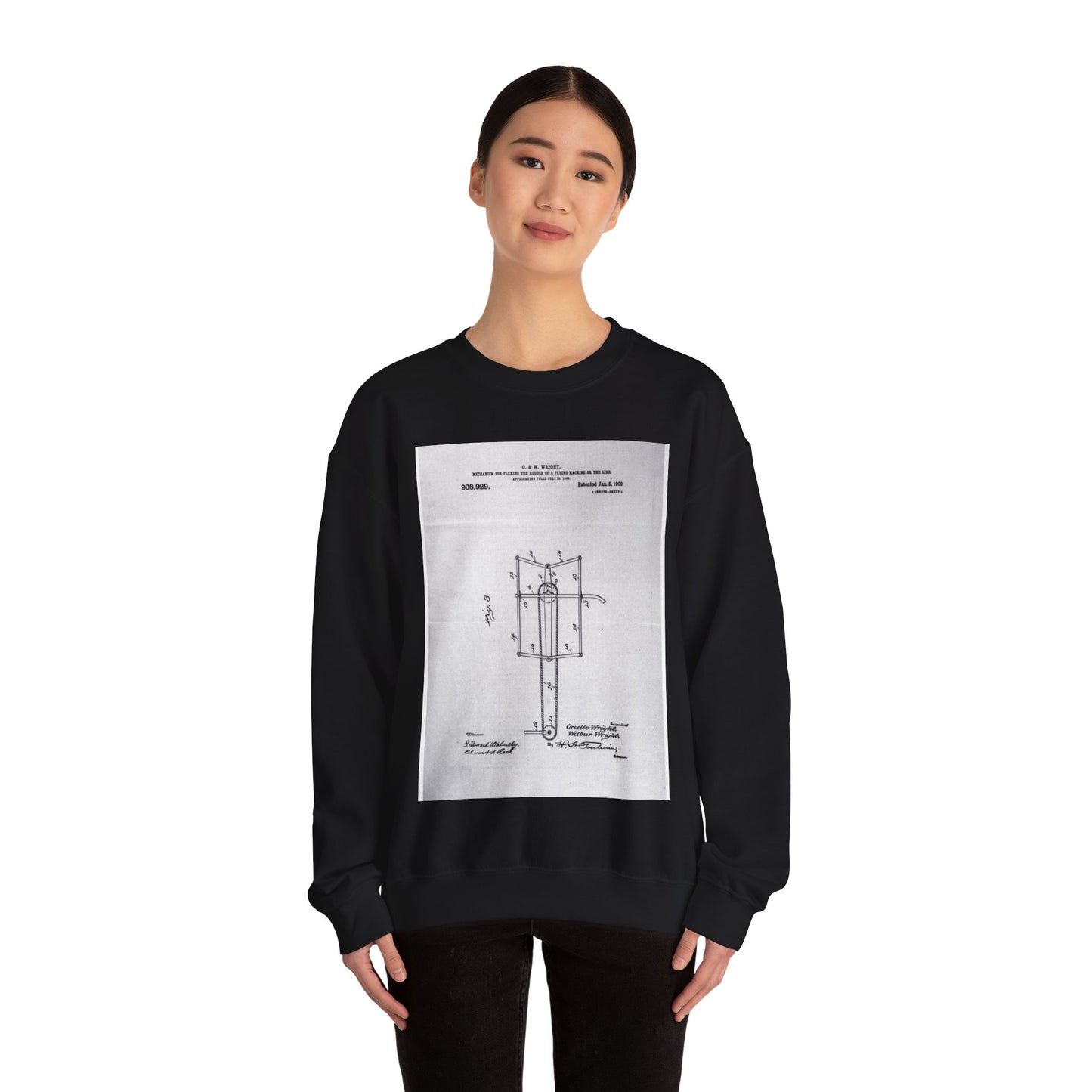 Patent drawing - Subject File:  Patents--By Wright Brothers--USA--filed 15 July 1908, patented 5 January 1909 Public domain  image Black Heavy Blend Adult Crew Neck SweatShirt