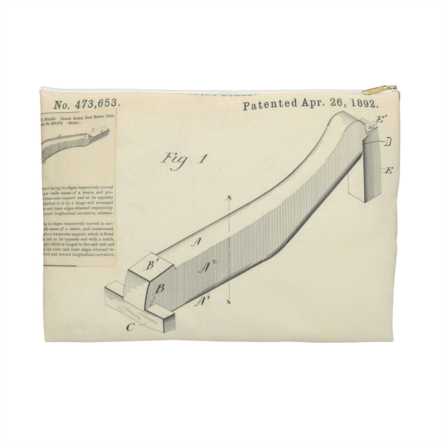 Patent drawing - for S. Boone's Ironing Board Public domain  image Large Organizer Pouch with Black Zipper