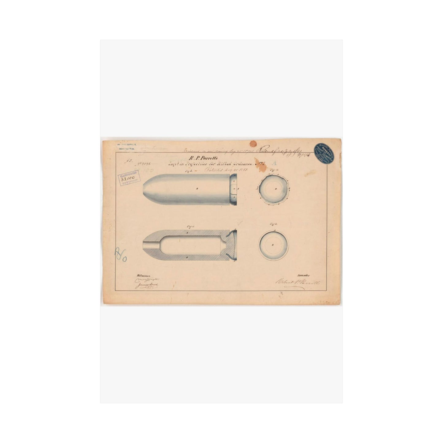 Patent drawing - Drawing of Improvement in Projectiles for Rifled Ordnance Public domain  image High Quality Matte Wall Art Poster for Home, Office, Classroom