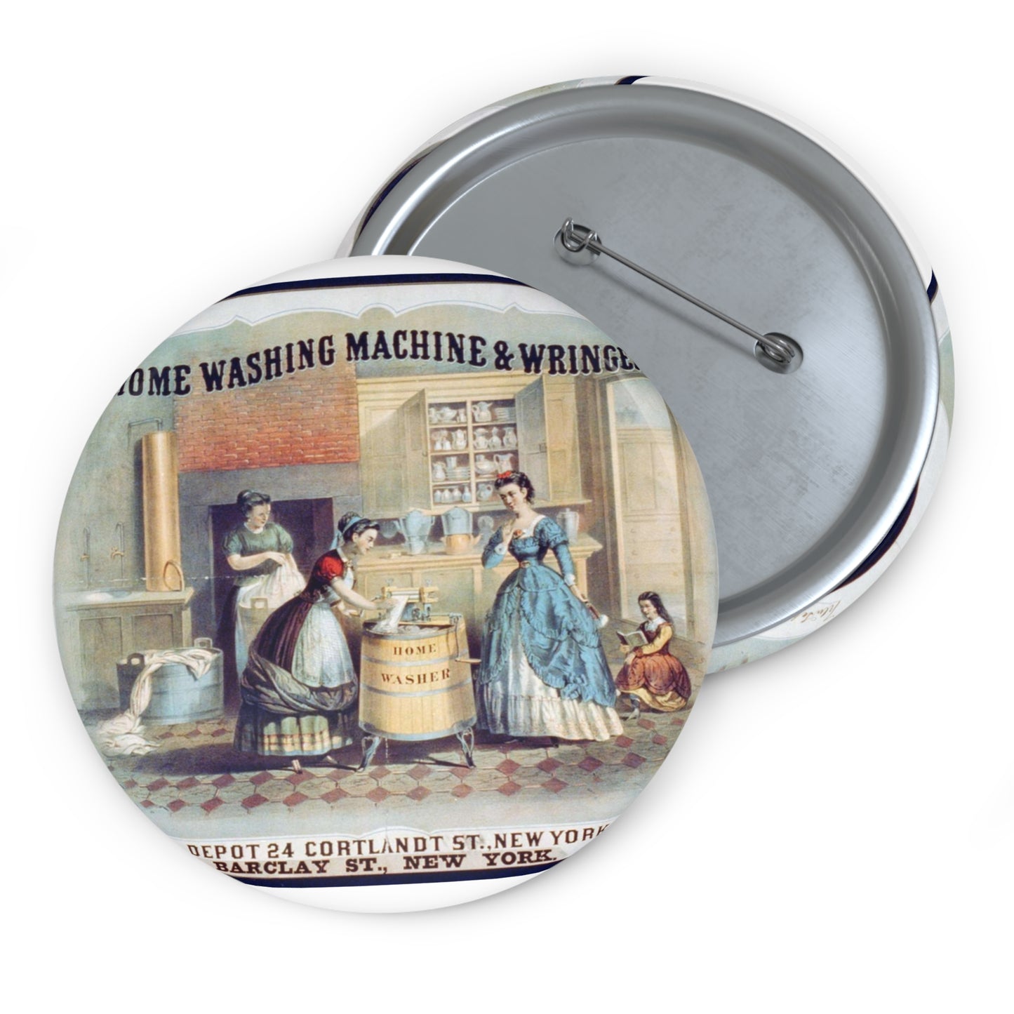 Home washing machine & wringer - A painting of women washing machines in a kitchen Pin Buttons with Crisp Design