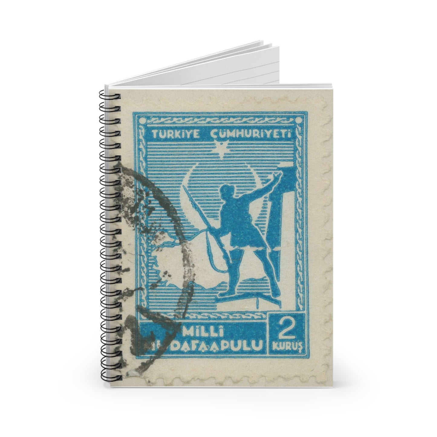 Frimärke ur Gösta Bodmans filatelistiska motivsamling, påbörjad 1950.Frimärke från Turkiet, 1941. Motiv av soldat framför Turkiets karta. Spiral Bound Ruled Notebook with Printed Cover