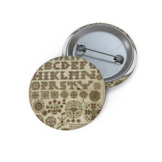 Signed and Dated Linen Sampler with Silk Embroidery Pin Buttons with Crisp Design