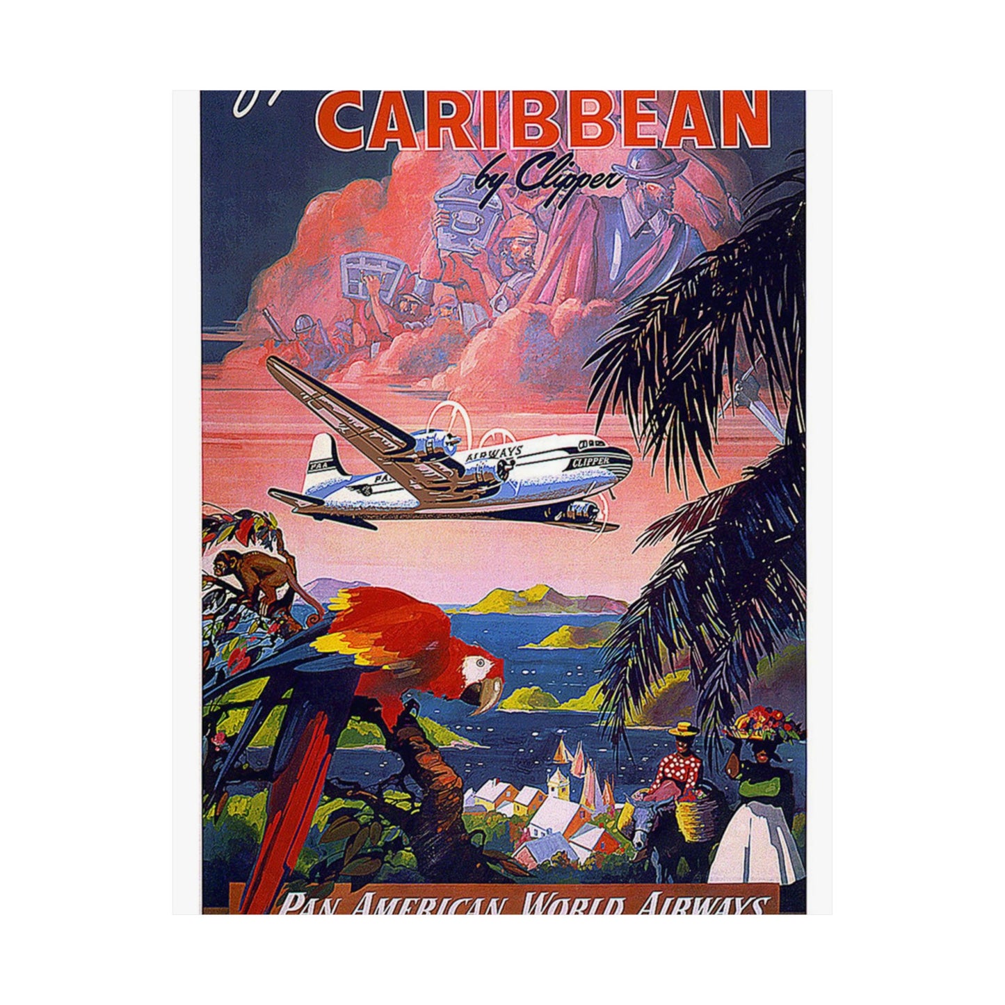 Caribbean. Vintage Travel Poster. High Quality Matte Wall Art Poster for Home, Office, Classroom