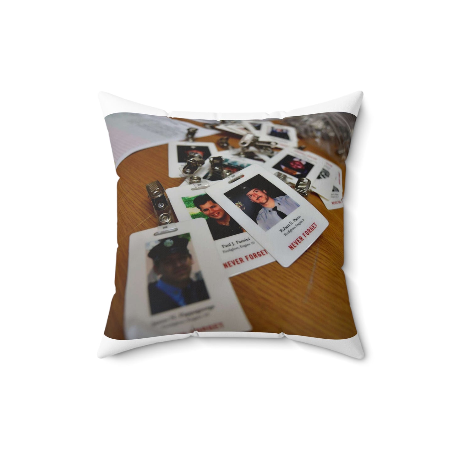 Badges with photos of 9/11 emergency responders, sit Decorative Accent Square Pillow