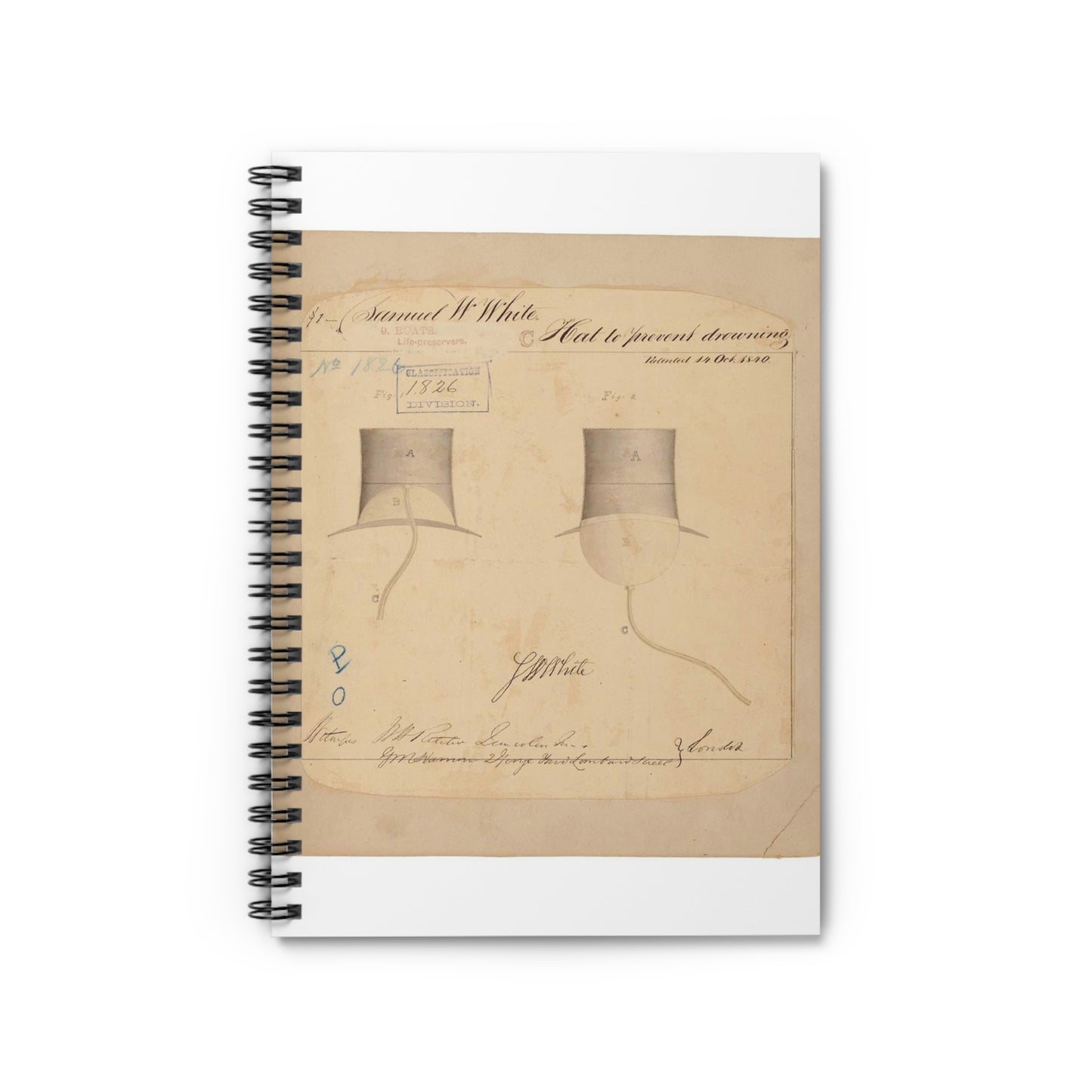 Patent drawing - Drawing of Hat to Prevent Drowning Public domain  image Spiral Bound Ruled Notebook with Printed Cover