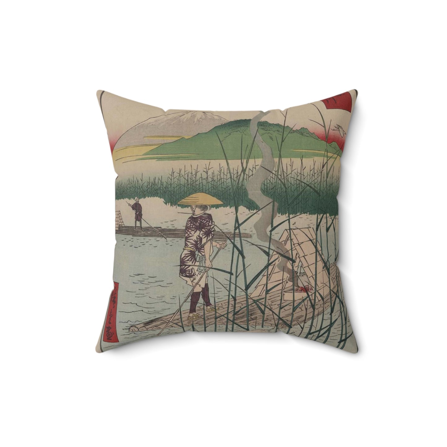 18 - The Sagami River - A painting of a man standing on a boat in a body of water Decorative Accent Square Pillow