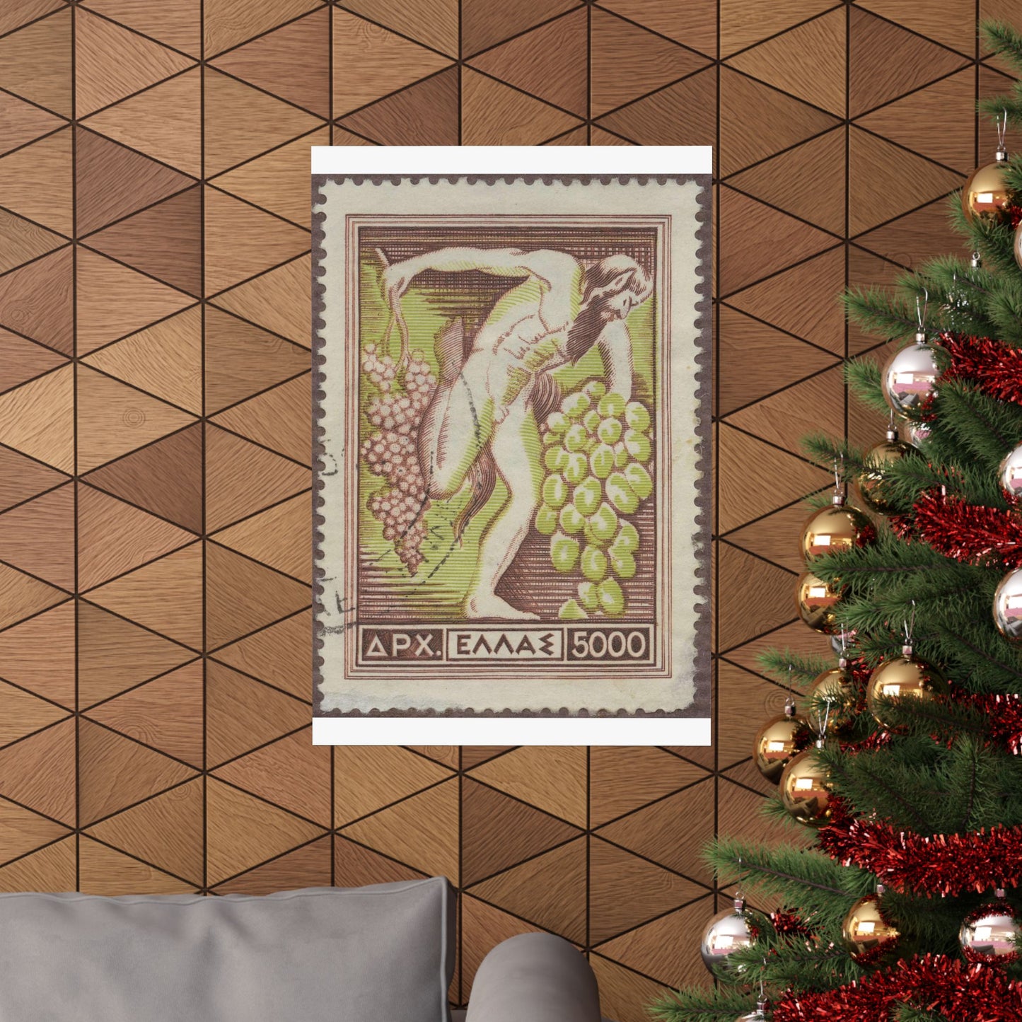 Frimärke ur Gösta Bodmans filatelistiska motivsamling, påbörjad 1950.Frimärke från Grekland, 1953. Motiv av Bacchus med vindruvsklasar. High Quality Matte Wall Art Poster for Home, Office, Classroom