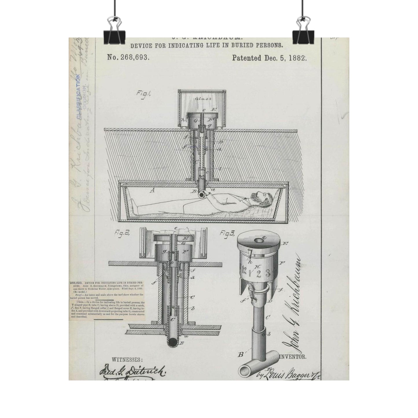 Patent drawing - for J. G. Krichbaum's Device for Indicating Life in Buried Persons Public domain  image High Quality Matte Wall Art Poster for Home, Office, Classroom