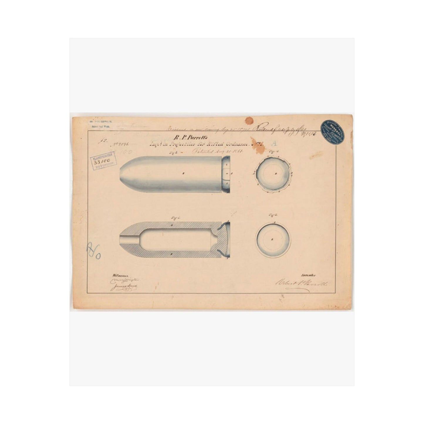 Patent drawing - Drawing of Improvement in Projectiles for Rifled Ordnance Public domain  image High Quality Matte Wall Art Poster for Home, Office, Classroom