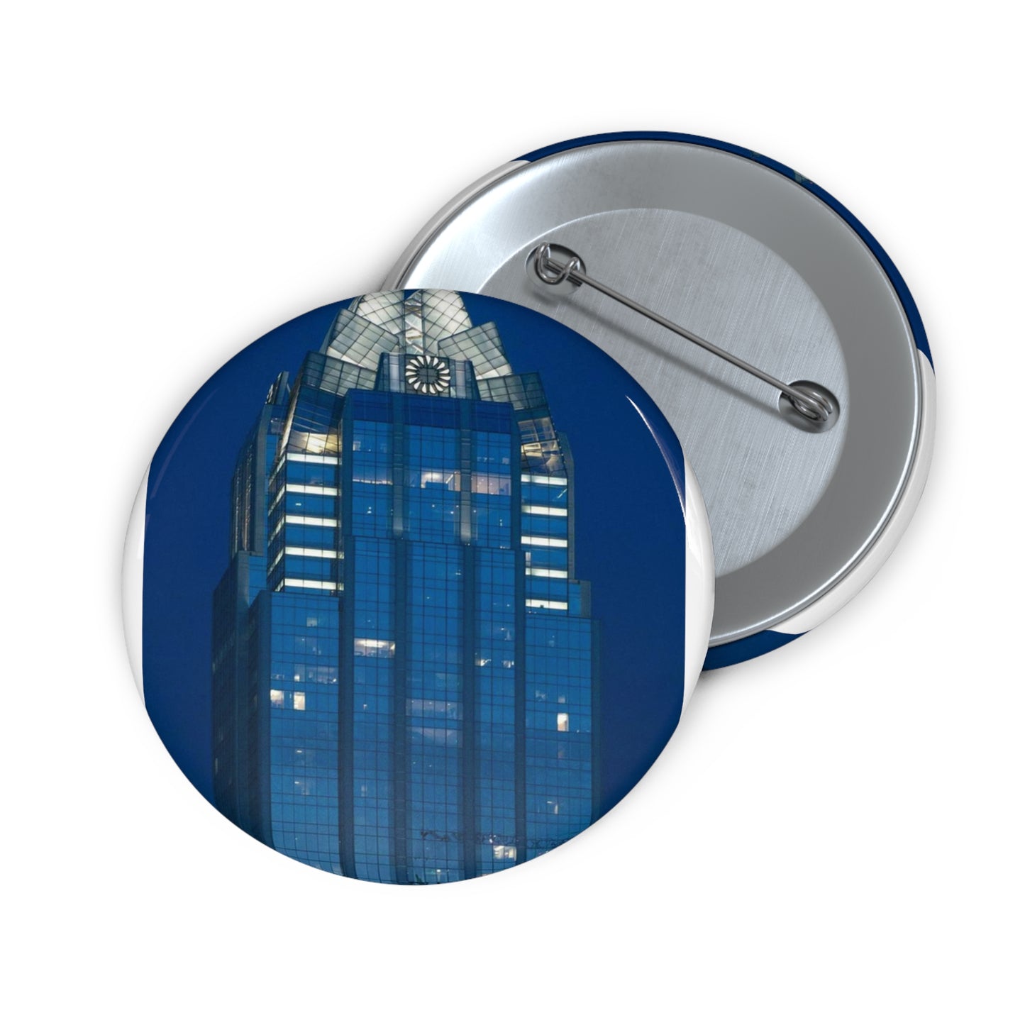 The upper reaches of Frost Bank Tower, a prominent Austin, Texas, skyscraper Pin Buttons with Crisp Design