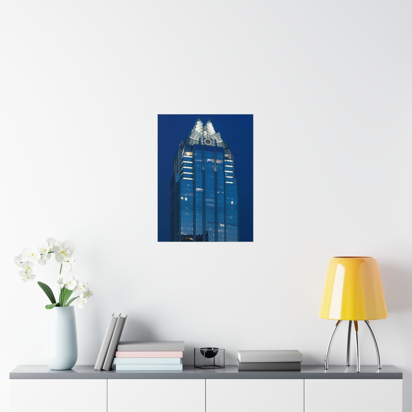 The upper reaches of Frost Bank Tower, a prominent Austin, Texas, skyscraper High Quality Matte Wall Art Poster for Home, Office, Classroom