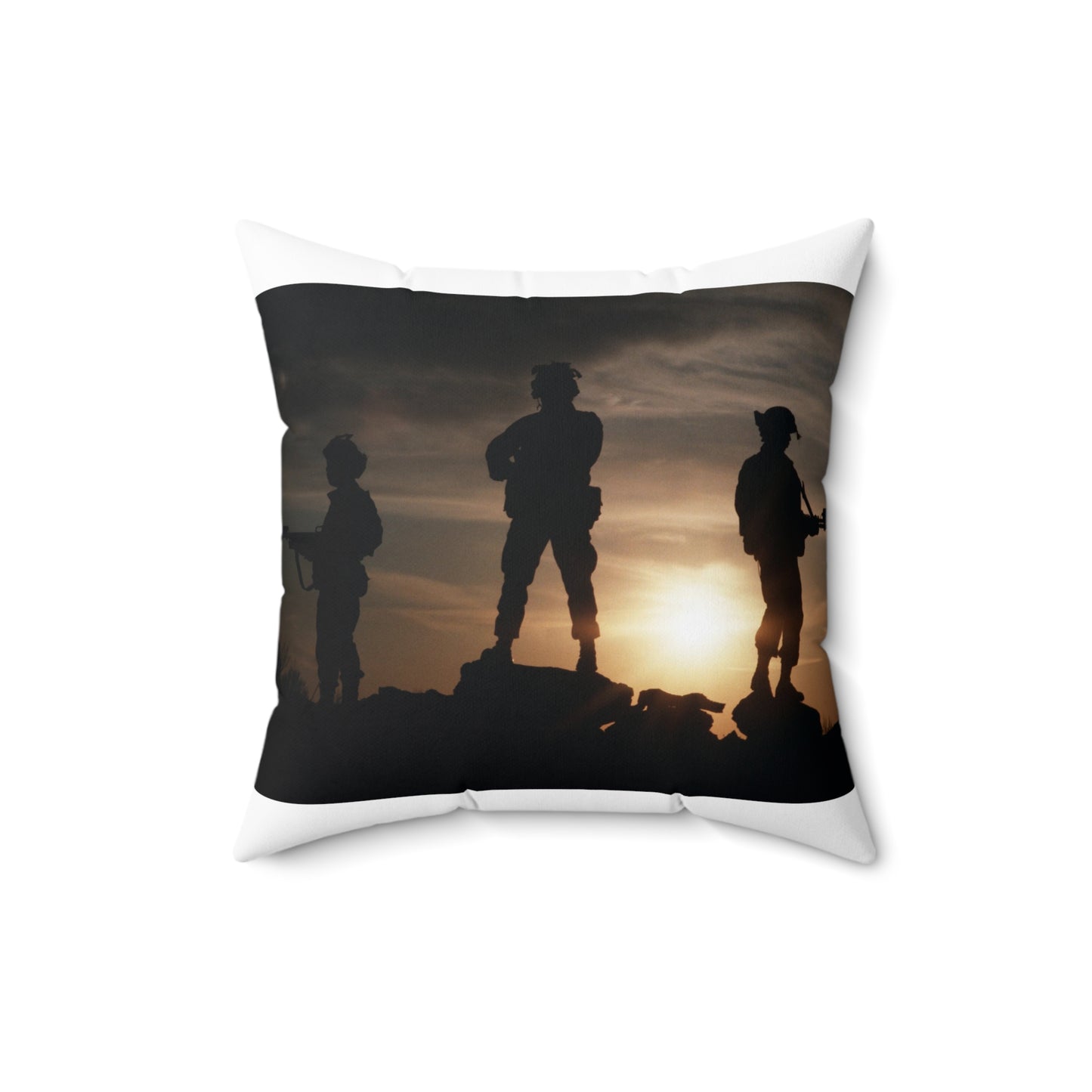 Members of the 63rd Security Police Squadron are silhouetted by the setting sun during the combat-readiness Exercise VOLANT SCORPION 87 Decorative Accent Square Pillow