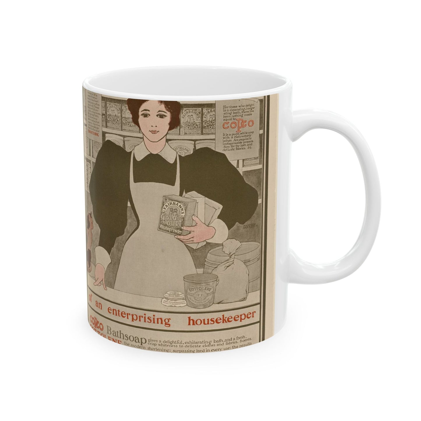 Three of the greatest requisites of an enterprising housekeeper - Copco, Cottolene, Gold Dust washing powder Beautiful Novelty Ceramic Coffee Mug 11oz