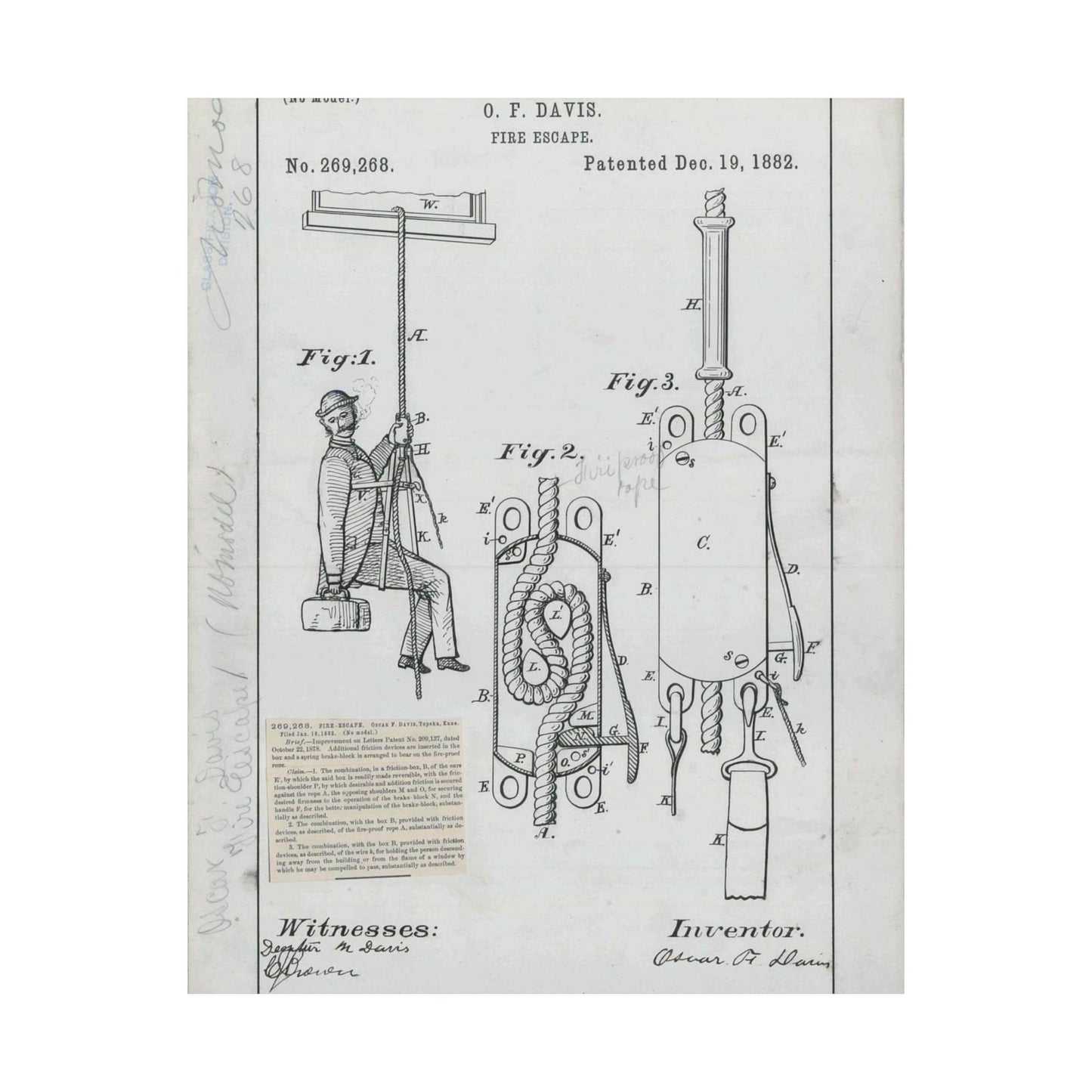 Patent Drawing of Engine - for O. F. Davis' Fire Escape Public domain  image High Quality Matte Wall Art Poster for Home, Office, Classroom