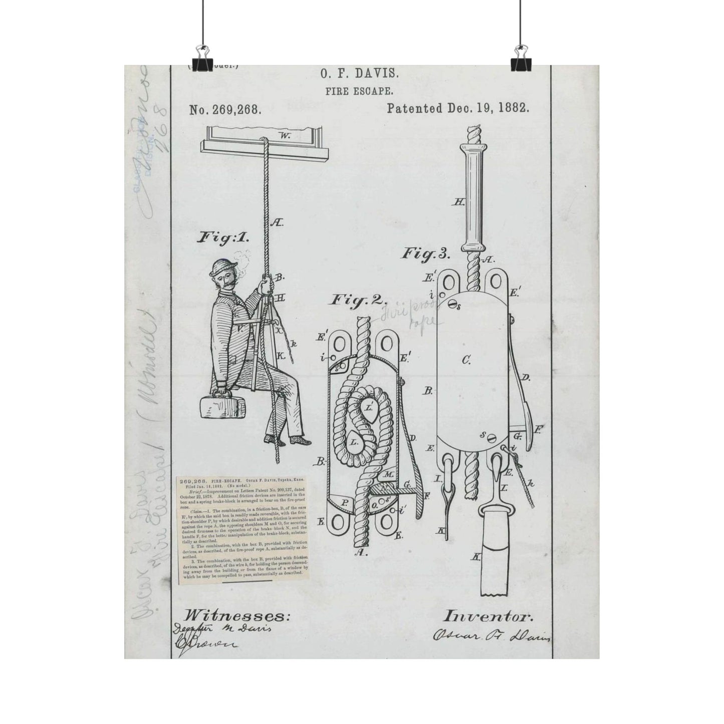 Patent Drawing of Engine - for O. F. Davis' Fire Escape Public domain  image High Quality Matte Wall Art Poster for Home, Office, Classroom