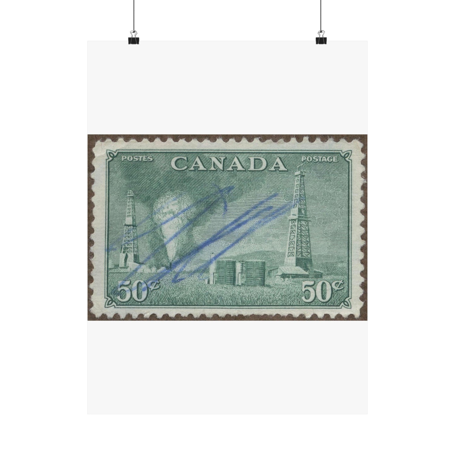 Frimärke ur Gösta Bodmans filatelistiska motivsamling, påbörjad 1950.Frimärke från Canada, 1950. Motiv av petroleumutvinning i Alberta. High Quality Matte Wall Art Poster for Home, Office, Classroom