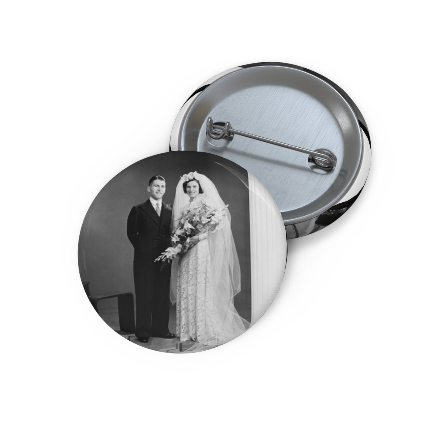 Atkins-Plummer wedding: the bride and groom Pin Buttons with Crisp Design