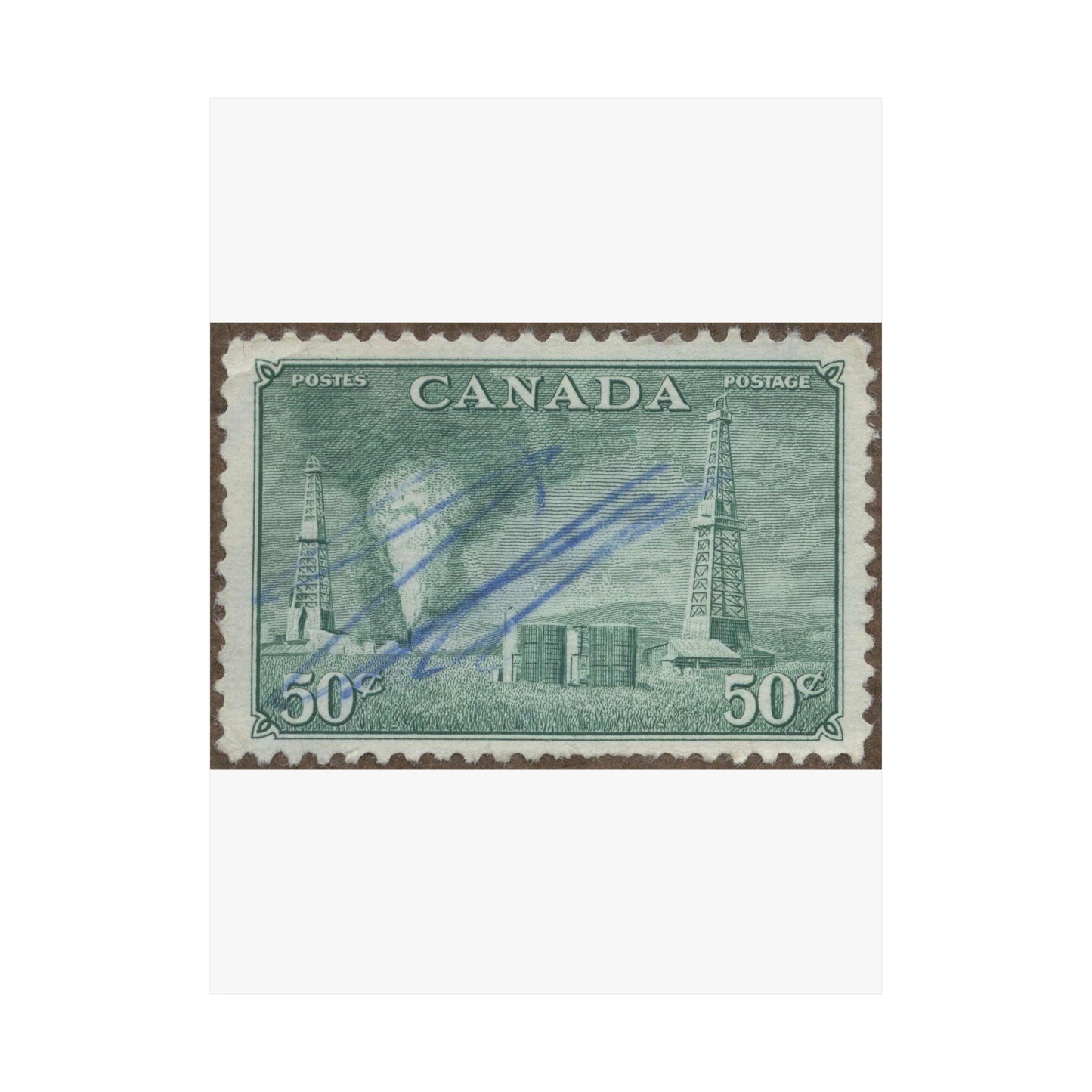 Frimärke ur Gösta Bodmans filatelistiska motivsamling, påbörjad 1950.Frimärke från Canada, 1950. Motiv av petroleumutvinning i Alberta. High Quality Matte Wall Art Poster for Home, Office, Classroom