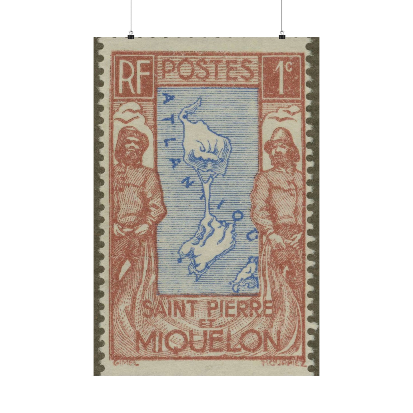 Frimärke ur Gösta Bodmans filatelistiska motivsamling, påbörjad 1950.Frimärke från Saint Pierre et Miquelon 1932. Motiv av karta över Saint Pierre et Miquelon. Fiskare med nät. High Quality Matte Wall Art Poster for Home, Office, Classroom