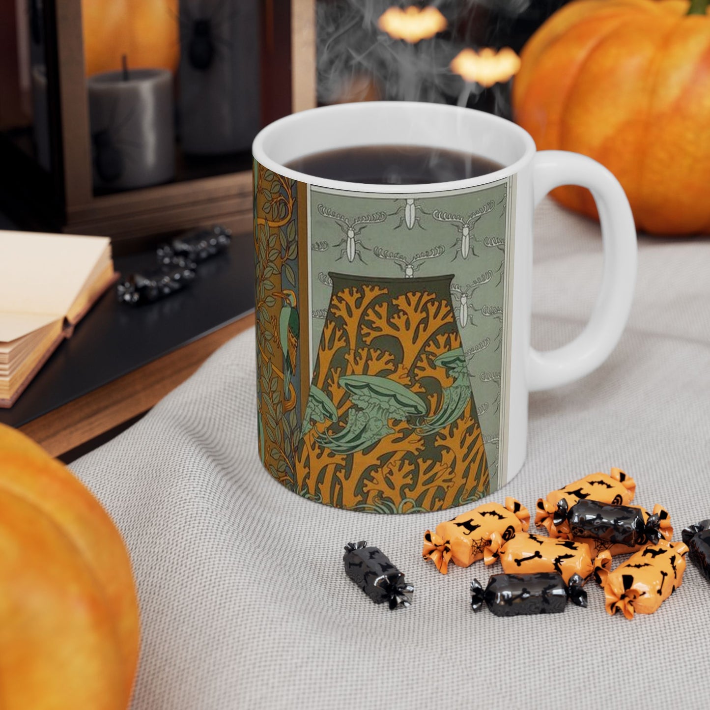 Piverts et arbre, bordure verticale. Lapins et feuilles, bordure. Méduses, anémones de mer et algues, vase. Insectes, jeu de fond. Beautiful Novelty Ceramic Coffee Mug 11oz