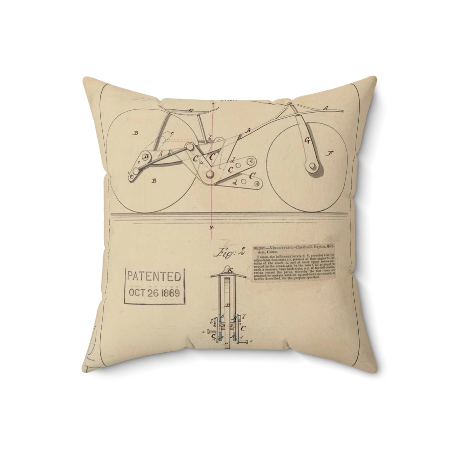 Patent drawing - Drawing of Velocipede Public domain  image Decorative Accent Square Pillow