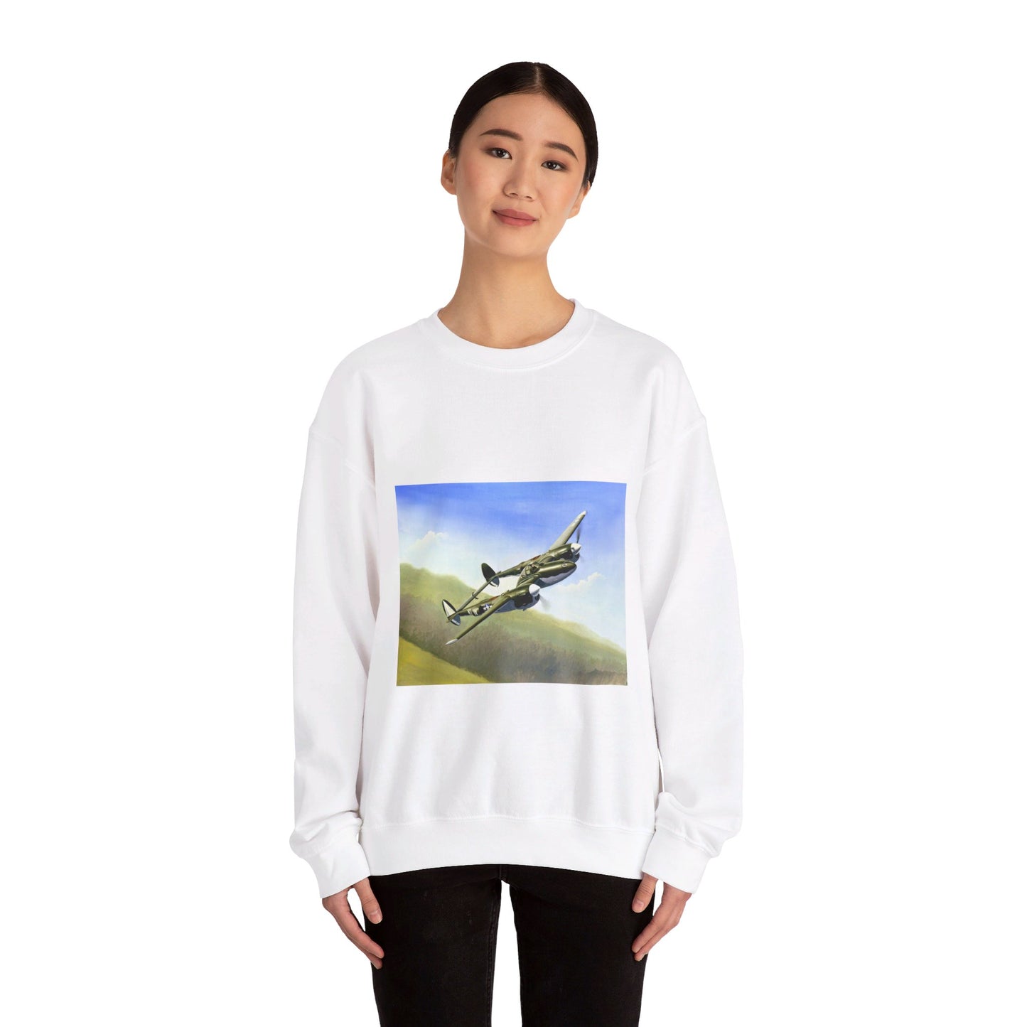 Artwork: "P-38 Lightning Artist: Dick Kramer (US Air Force Art Collection) White Heavy Blend Adult Crew Neck SweatShirt